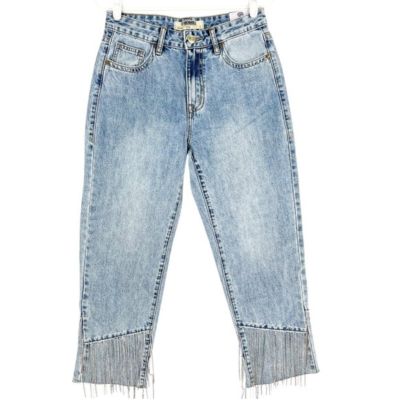 NWT Rock & Roll Women High Rise Straight Crop Jeans 27x25 With Chain Fringe Hem - Picture 1 of 16